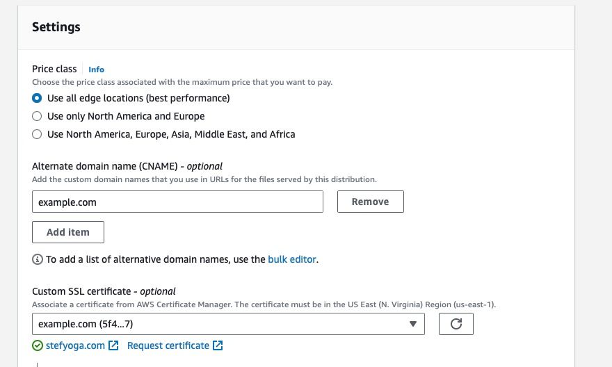 Cloudfront distribution alternative domain name configuration
