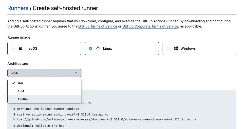 Choose the correct OS and instance architecture when setting up the self-hosted Actions runner in GitHub