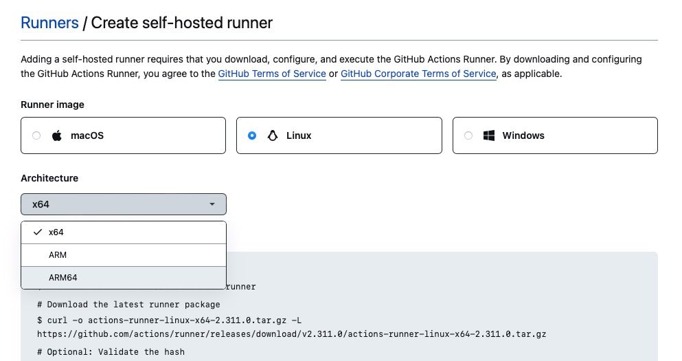 Choose the correct OS and instance architecture when setting up the self-hosted Actions runner in GitHub