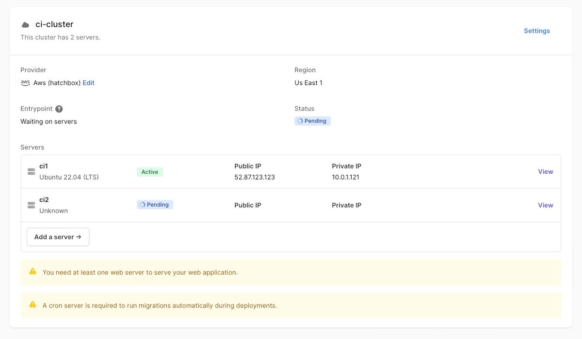 Servers in a dedicated cluster for use as GitHub Actions runners